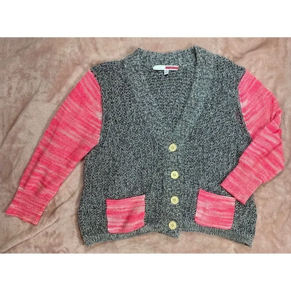 Tracy Reese Knit Cardigan Hot Pink Grey Loose Knit Sweater Open Front Womens L